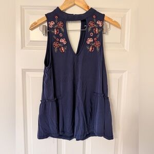 Navy Sleeveless Tank with Pink Floral Embroidery